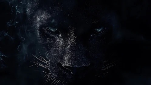 Black Felid Frontal Portrait with Luminous Iris Apertures.