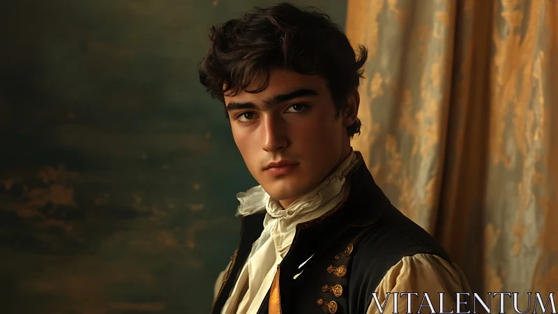 Portrait of young man in historical attire indoors.