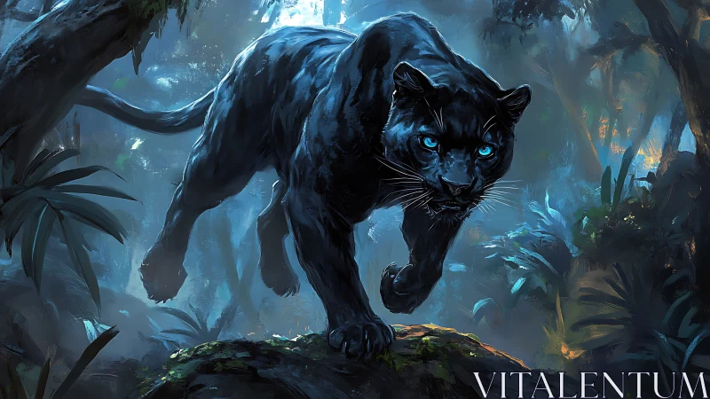 Black Panther with Glowing Blue Eyes in Mystical Forest.