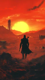 Lone wanderer strides toward a blazing post apocalyptic sun.