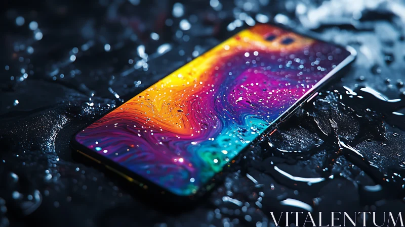 Smartphone with wet multicolor display on reflective surface.