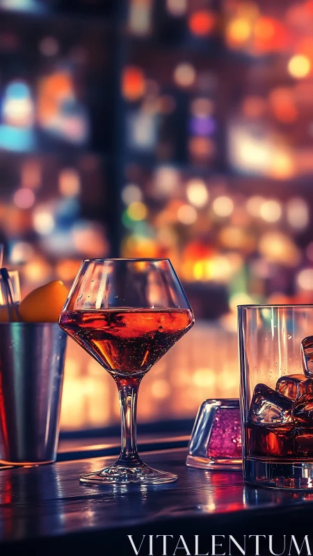 Elegant cocktail gleams against luminous night cityscape bokeh.