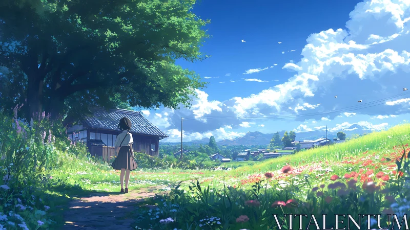 Summer hillside path where a schoolgirl pauses beneath trees.