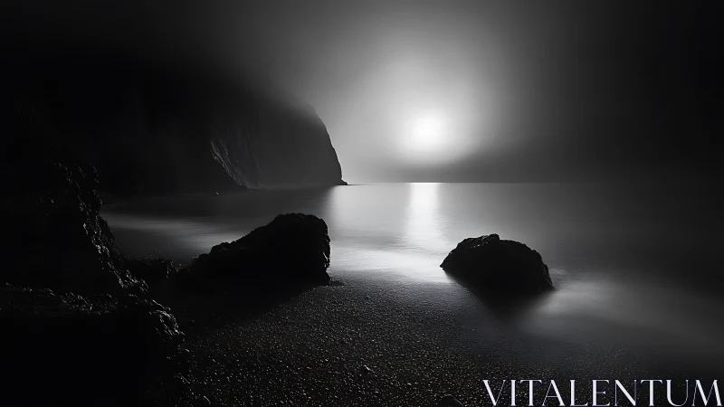 Long-exposure littoral nocturne with fog-diffused backlight.