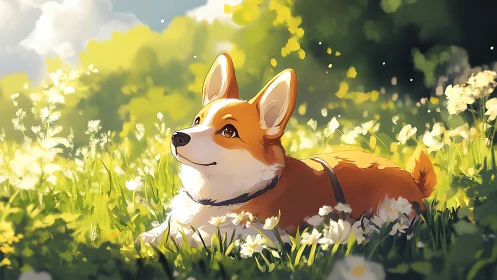 Sunlit corgi enjoys a peaceful afternoon in wildflower meadow