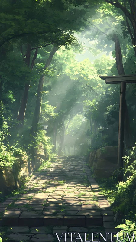 Sunlit Pathway Through Dense Forest Canopy.