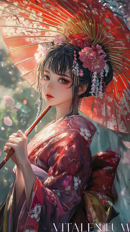 Young woman in floral kimono holds red parasol outdoors