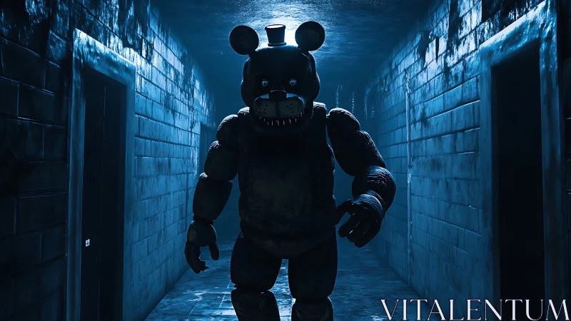 Animatronic bear character advances down dim blue hallway