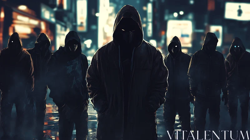 Hooded cyber gang advances through neon lit city streets.