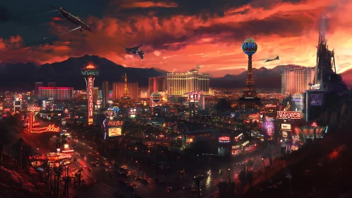 Neon dusk unravels over a turbocharged desert casino sprawl