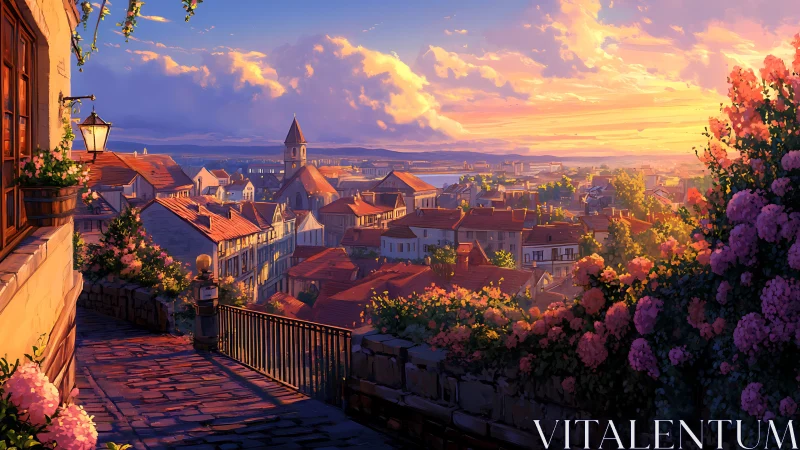 Digital painting of terraced sunset townscape with florals.