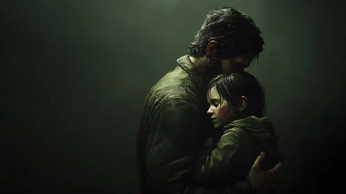 Somber father and child embrace in dim cinematic light.