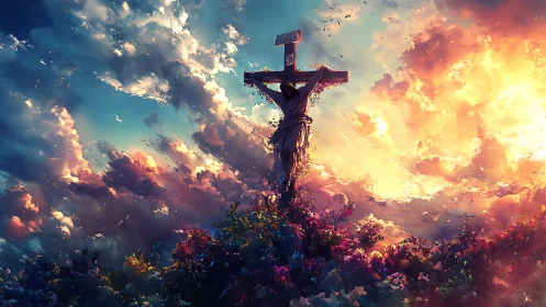 Crucifix silhouette above dense flowers under luminous clouds.