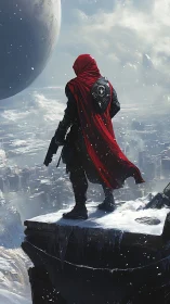 Lone space wanderer gazes over a frozen futuristic world