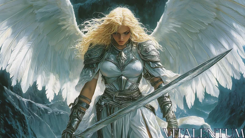 Armored angel warrior holding sword with white wings poised.