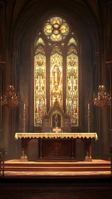 Gothic cathedral altar glows beneath ornate stained glass.