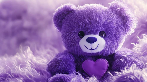 Purple plush teddy bear holding heart on fluffy background.