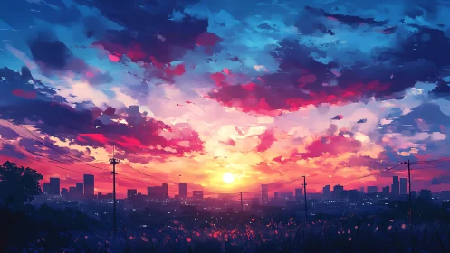 Neon sunset ignites stylized city skyline with vivid clouds.