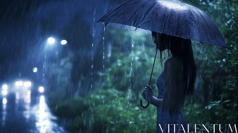 Woman stands under umbrella beside wet road in heavy rain