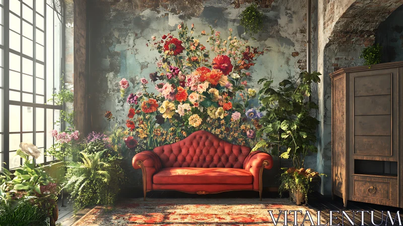 Red tufted sofa is placed before floral mural in loft room