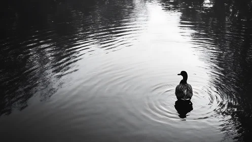 Solitary duck creates gentle ripples on reflective lake