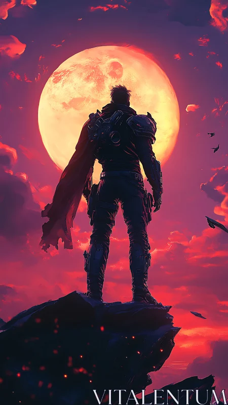 Lone futuristic wanderer gazing into a neon molten moon.