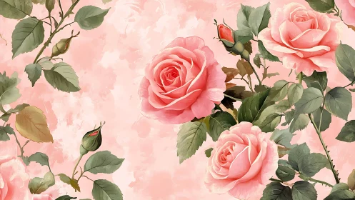 Romantic Pink Roses Blooming Against Soft Pastel Background