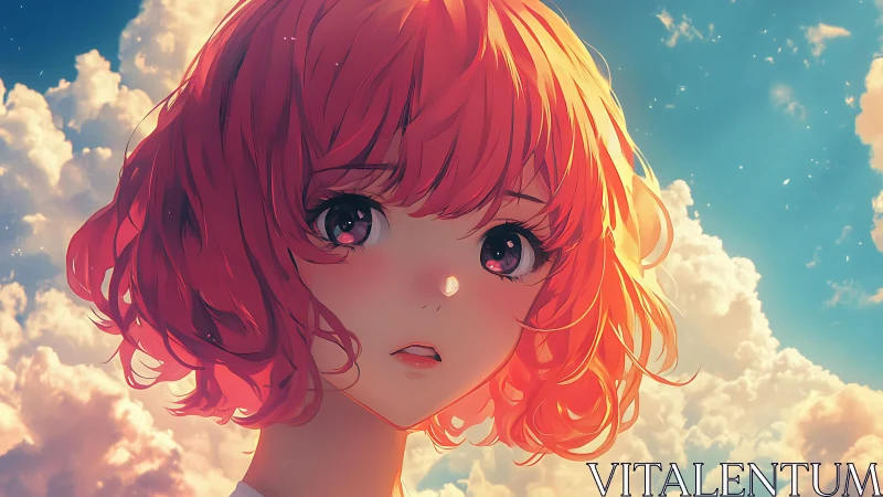 Sunlit anime girl amid glowing clouds at golden hour.