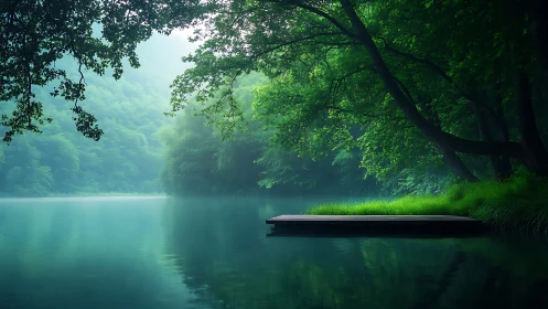Quiet forest lake with wooden dock and dense green trees.