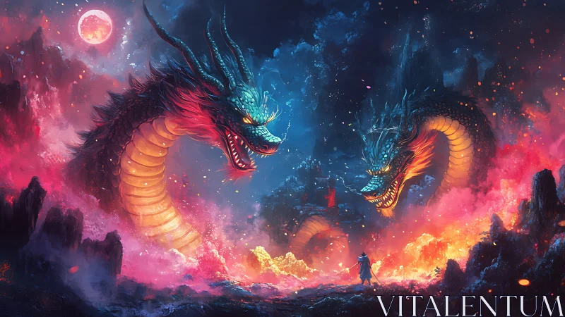 Twin storm dragons circle a lone hero in neon wildfire dusk