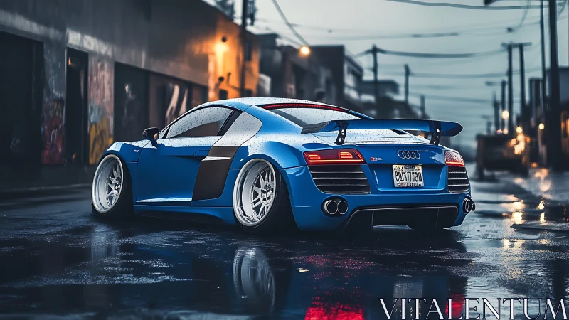 Widebody blue Audi R8 on wet city backstreet at dusk