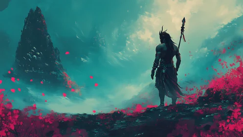 Warrior silhouette surveys neon tundra in atmospheric fantasy