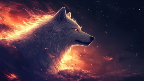 Starlit ember wolf rising from cosmic firestorm skies.
