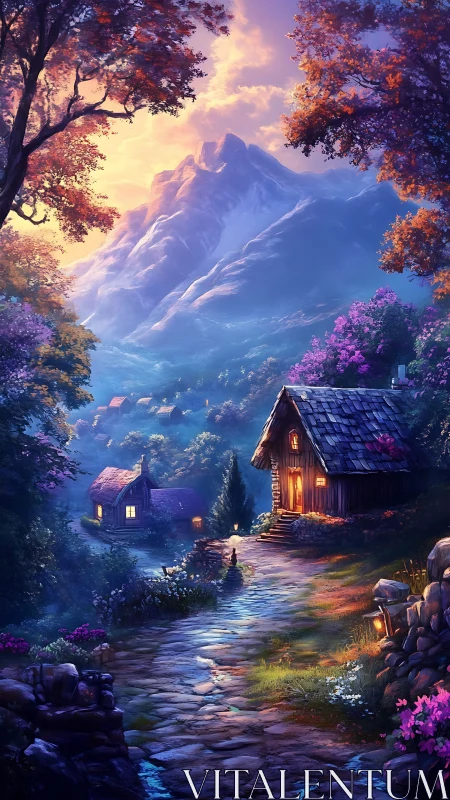 Mountain village cottages beside winding cobblestone path.