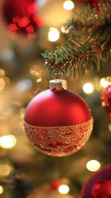 Red Christmas bauble glows softly on blurred festive tree