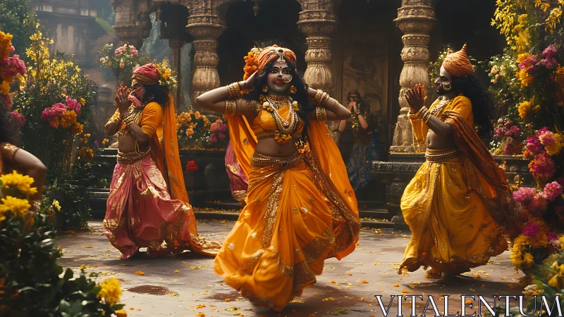 Dancers in ornate yellow costumes move through temple courtyard