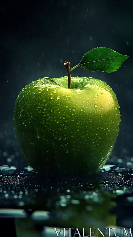 Rainkissed green apple standing proud in dramatic shadow.