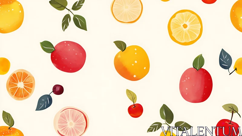 Colorful fruit pattern with apples, citrus slices, and leaves.