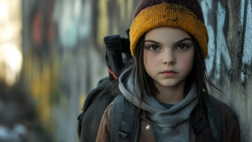 Young wanderer stands against graffiti wall in cold light