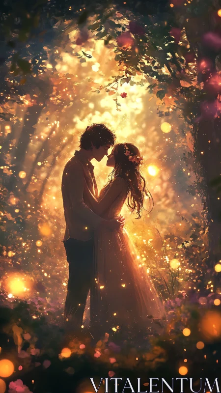Silhouetted Couple Embracing Within Golden Particle Light Tunnel