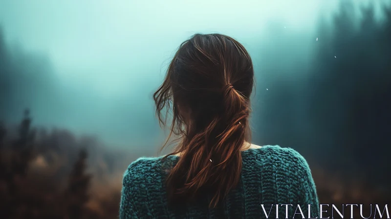 Solitary woman contemplates a misty forest in silence