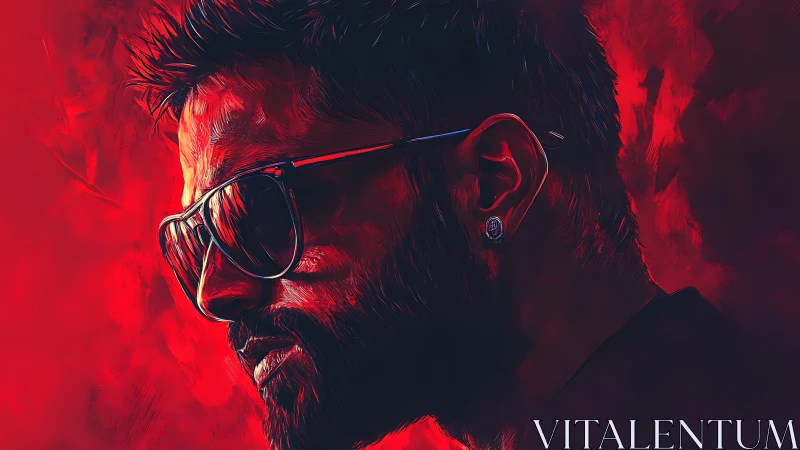 Neon red digital portrait of bearded man in reflective shades.