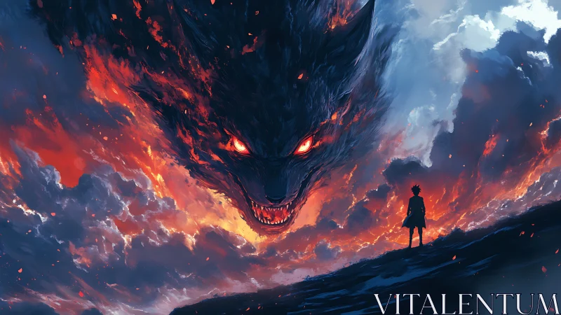 Silhouetted figure facing colossal fiery wolf in clouds.
