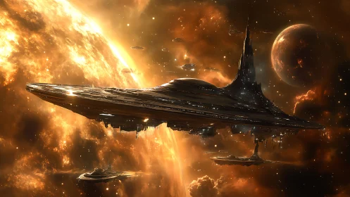 Colossal starship fortress glides through blazing nebula skies.