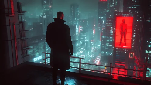 Lone figure studies neon-soaked cyberpunk city from rooftop