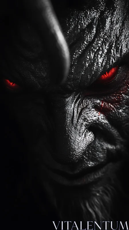 Specular demon visage with saturated emissive red eyes.