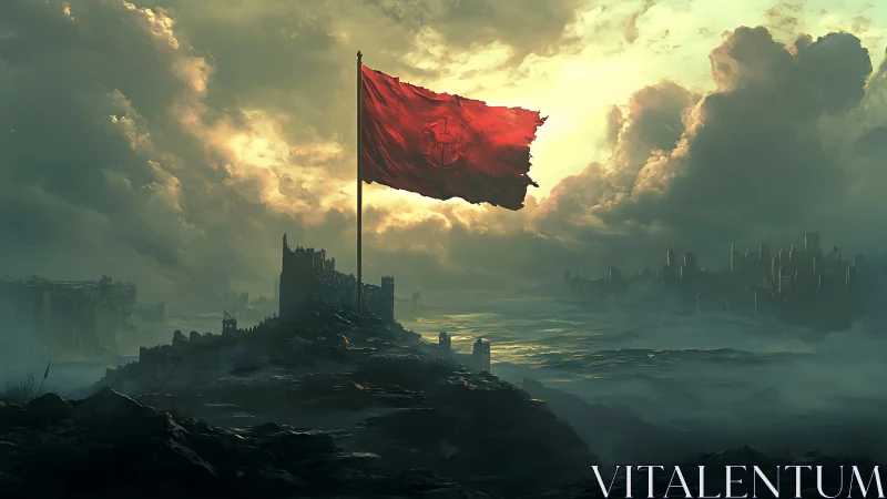 Scarlet war banner rises over storm-lit ruined kingdom