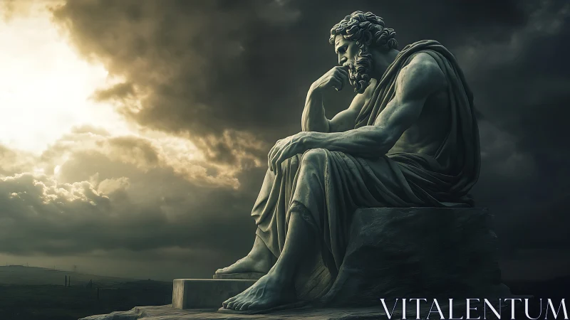 Brooding marble philosopher contemplates beneath stormy skies