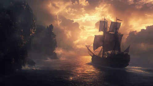 Sunlit galleon sails past misty cliffs at burning dusk skies