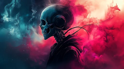 Cyber skull profile surrounded by teal and crimson vapor
